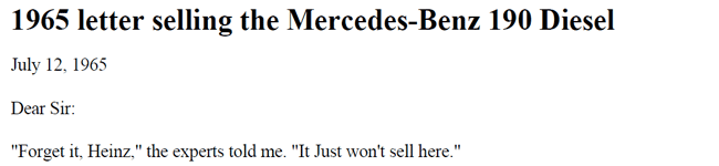 1965 Letter Selling the Mercedes-Benz 190 Diesel
