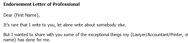 Endorsement Letter Re: Professional