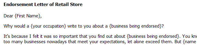 Endorsement Letter Re: Retail Store